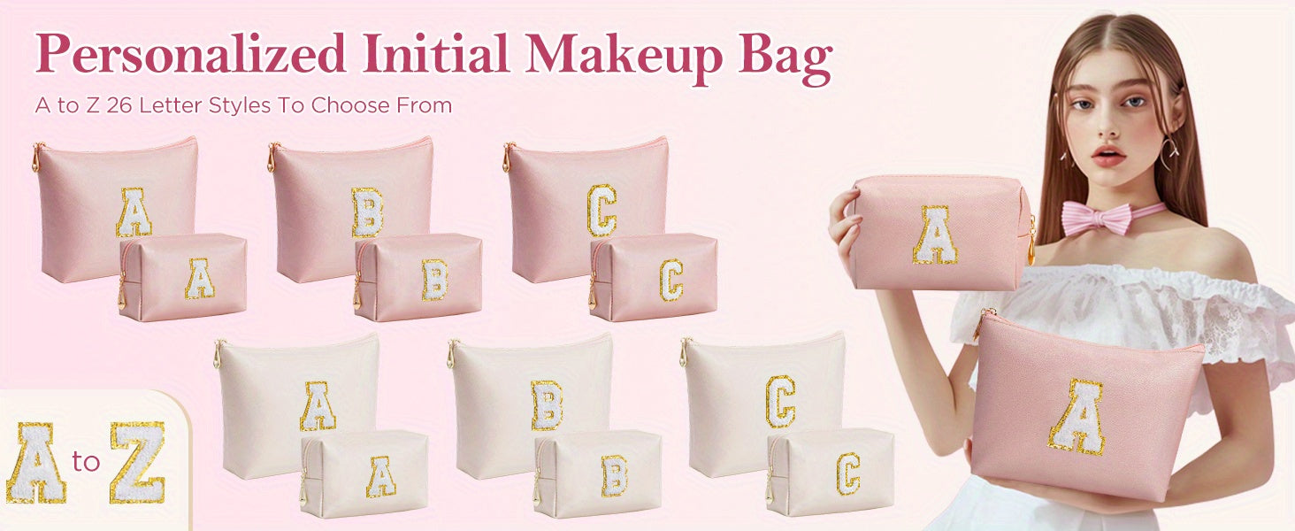 2 piezas de bonitos estuches de maquillaje con iniciales para regalar a amigas, exquisito regalo para el Día de la Madre, estuche de maquillaje impermeable de cuero sintético PU, letras de la A a la Z en color rosa.