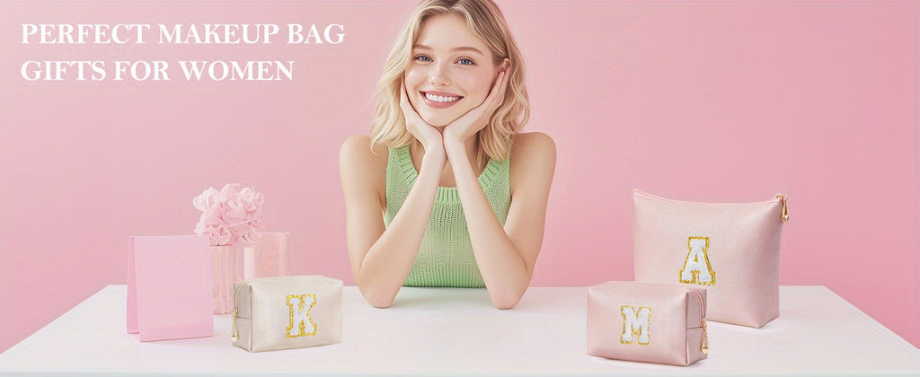 2 piezas de bonitos estuches de maquillaje con iniciales para regalar a amigas, exquisito regalo para el Día de la Madre, estuche de maquillaje impermeable de cuero sintético PU, letras de la A a la Z en color rosa.