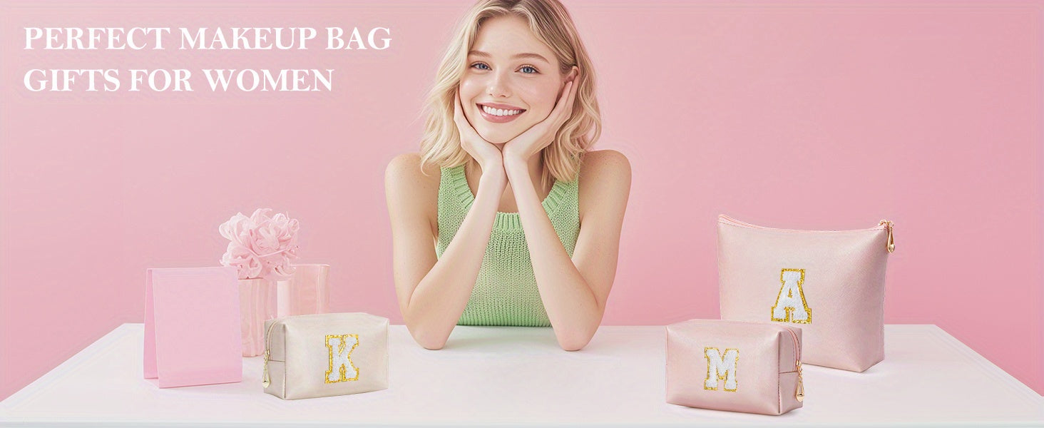 2 piezas de bonitos estuches de maquillaje con iniciales para regalar a amigas, exquisito regalo para el Día de la Madre, estuche de maquillaje impermeable de cuero sintético PU, letras de la A a la Z en color rosa.