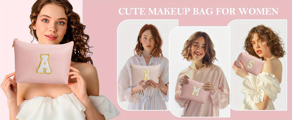 2 piezas de bonitos estuches de maquillaje con iniciales para regalar a amigas, exquisito regalo para el Día de la Madre, estuche de maquillaje impermeable de cuero sintético PU, letras de la A a la Z en color rosa.