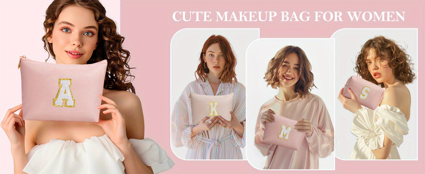 2 piezas de bonitos estuches de maquillaje con iniciales para regalar a amigas, exquisito regalo para el Día de la Madre, estuche de maquillaje impermeable de cuero sintético PU, letras de la A a la Z en color rosa.