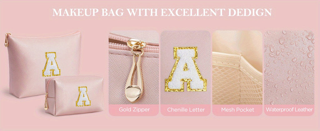 2 piezas de bonitos estuches de maquillaje con iniciales para regalar a amigas, exquisito regalo para el Día de la Madre, estuche de maquillaje impermeable de cuero sintético PU, letras de la A a la Z en color rosa.
