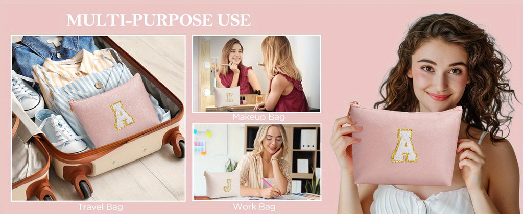 2 piezas de bonitos estuches de maquillaje con iniciales para regalar a amigas, exquisito regalo para el Día de la Madre, estuche de maquillaje impermeable de cuero sintético PU, letras de la A a la Z en color rosa.