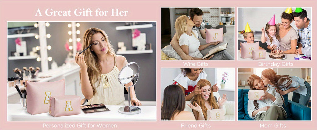 2 piezas de bonitos estuches de maquillaje con iniciales para regalar a amigas, exquisito regalo para el Día de la Madre, estuche de maquillaje impermeable de cuero sintético PU, letras de la A a la Z en color rosa.