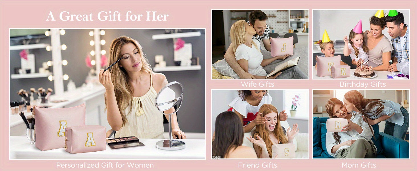 2 piezas de bonitos estuches de maquillaje con iniciales para regalar a amigas, exquisito regalo para el Día de la Madre, estuche de maquillaje impermeable de cuero sintético PU, letras de la A a la Z en color rosa.