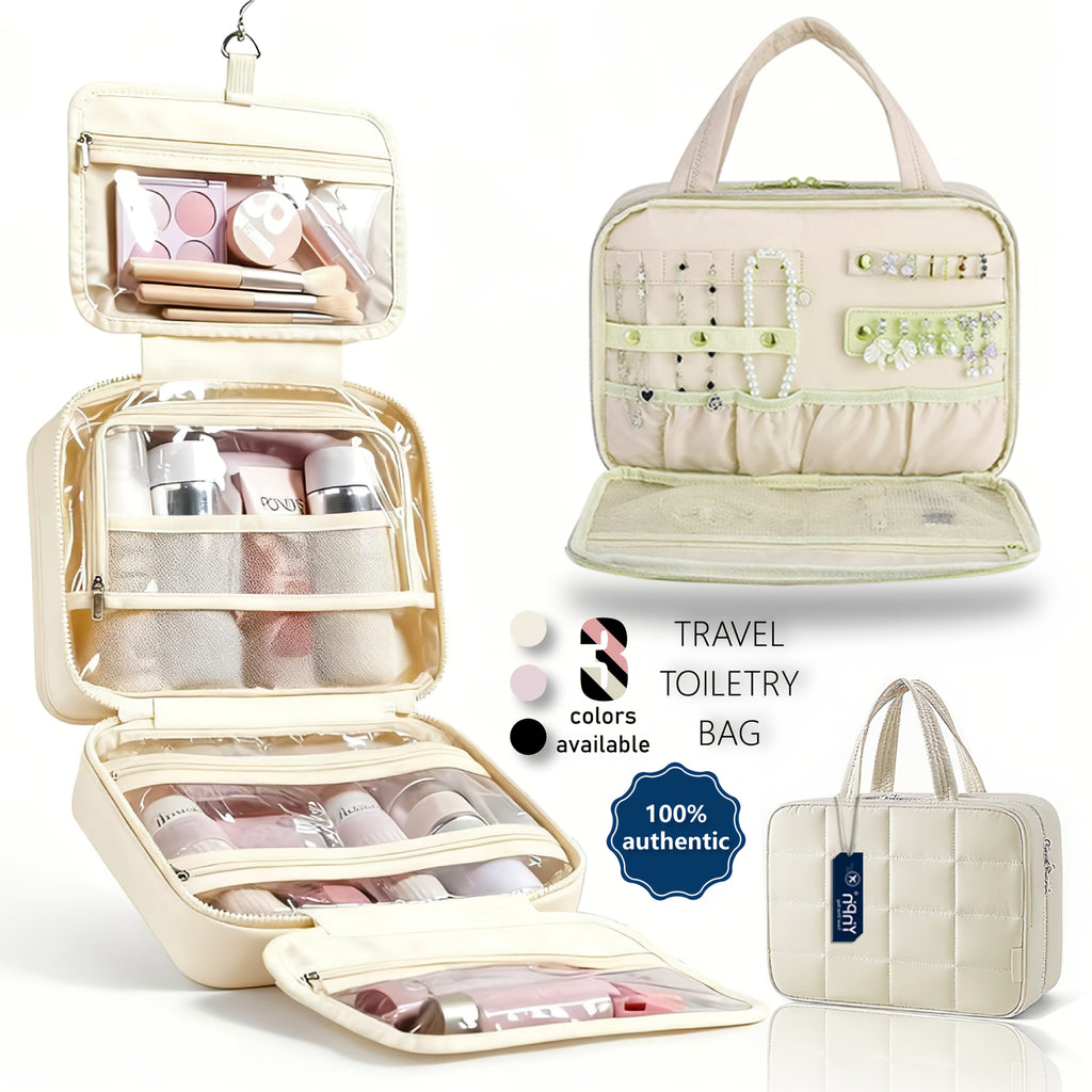 Bolsa grande colgante para artículos de aseo y maquillaje con espacio para joyas: neceser mullido con múltiples compartimentos, gancho para colgar y correa.