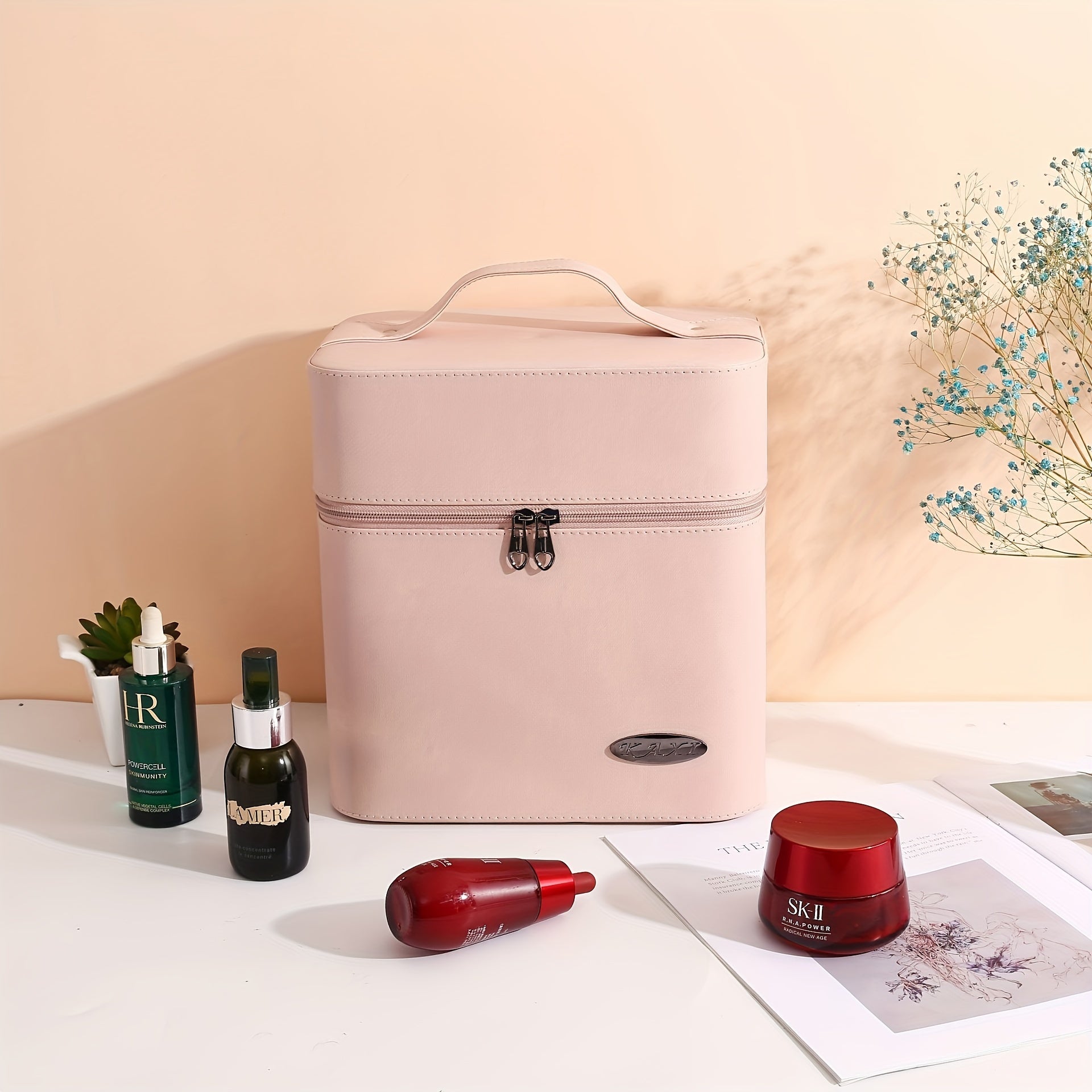 Neceser de maquillaje de gran capacidad de inspiración vintage: estuche cosmético multicapa para mujer, organizador de viaje portátil con espacio para joyas, plástico resistente, caja de maquillaje, TU-SN-HZB633-BE-1P.