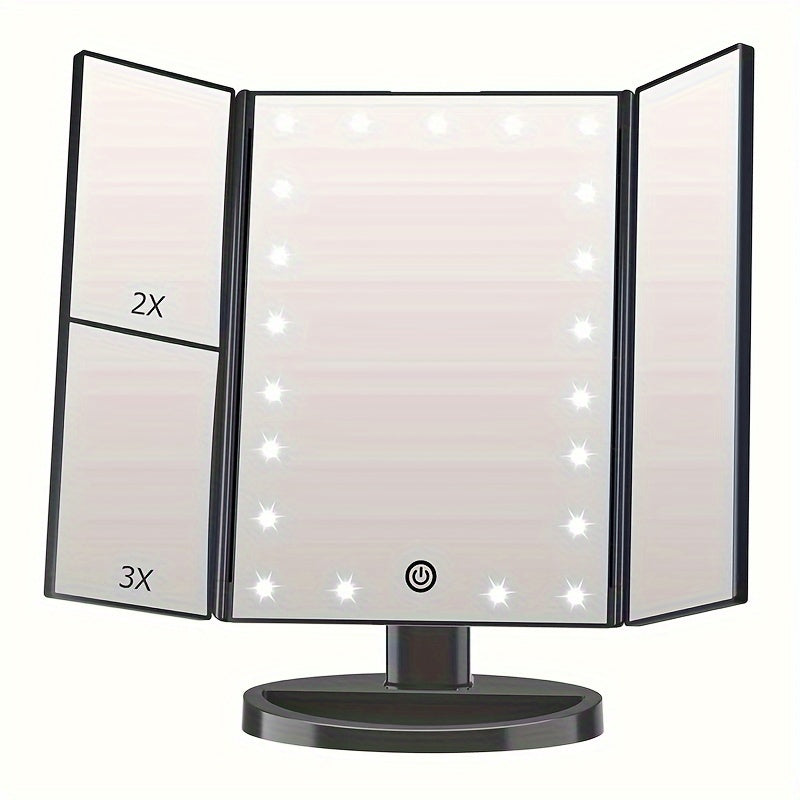 Espejo de tocador plegable con luces, espejo de maquillaje iluminado con aumento de 2X/3X, 21 LED con atenuación táctil, espejo de tocador iluminado con doble alimentación y rotación de 180°, espejo de maquillaje con iluminación.