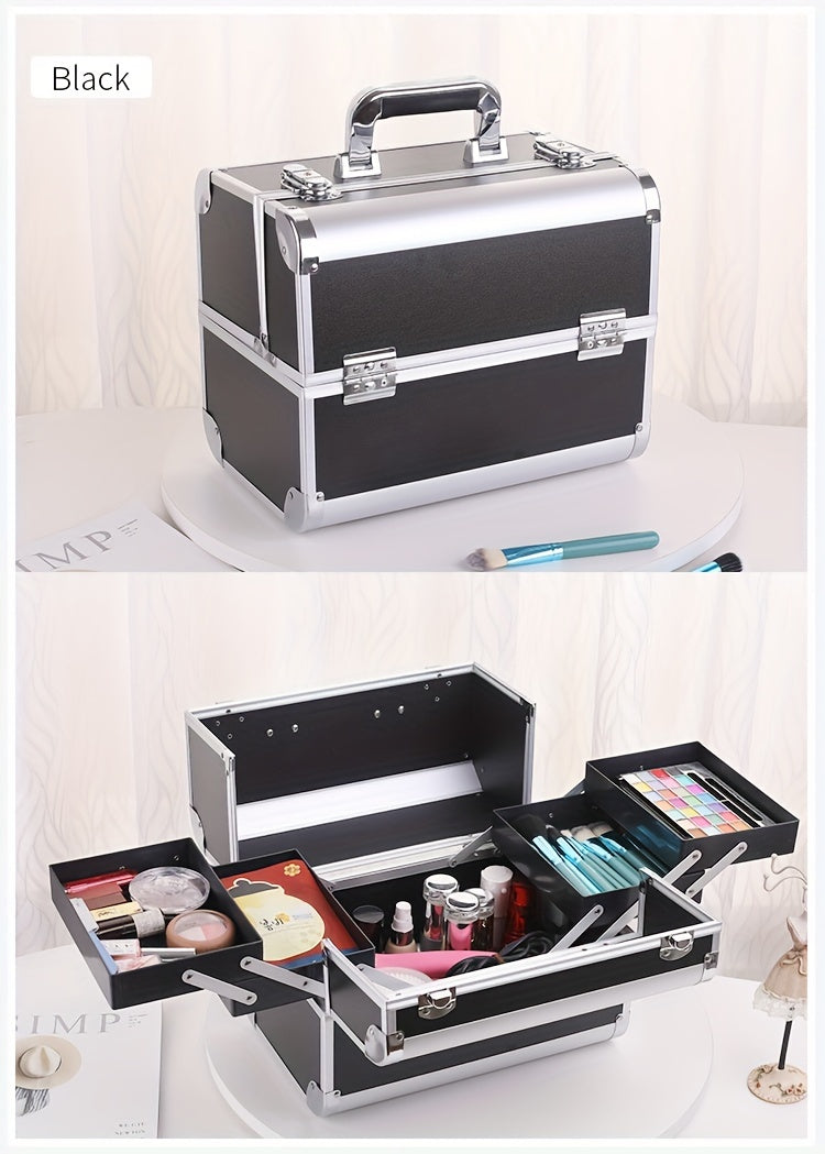 Organizador de maquillaje, estuche grande con bandeja, estuche de maquillaje con soporte para brochas, cierre, almacenamiento portátil para cosméticos de viaje, estuche metálico para maquillaje.
