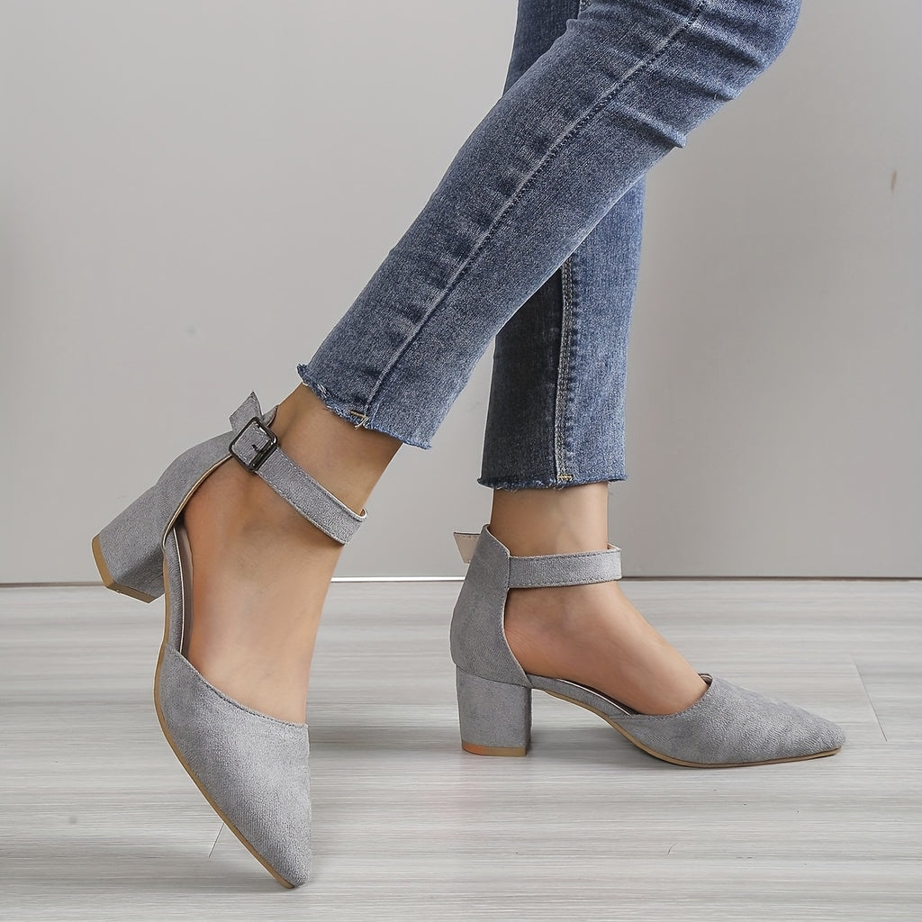 Zapatos de tacón grueso con correa al tobillo y puntera puntiaguda, de color liso y tacón medio, versátiles sandalias con correa ajustable al tobillo para caminar cómodamente y lucir un look elegante.