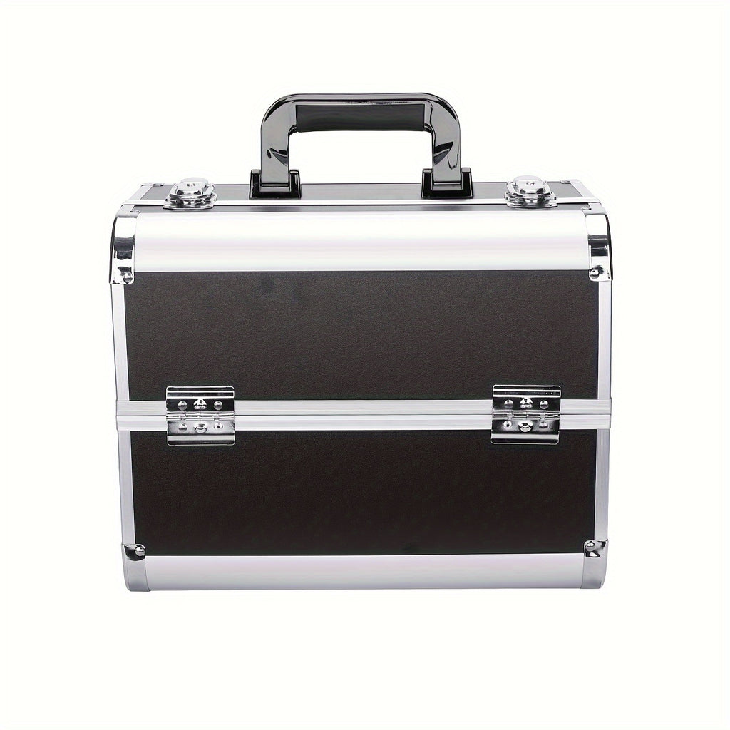 Organizador de maquillaje, estuche grande con bandeja, estuche de maquillaje con soporte para brochas, cierre, almacenamiento portátil para cosméticos de viaje, estuche metálico para maquillaje.