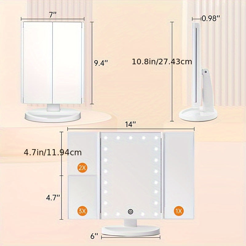Espejo de tocador plegable con luces, espejo de maquillaje iluminado con aumento de 2X/3X, 21 LED con atenuación táctil, espejo de tocador iluminado con doble alimentación y rotación de 180°, espejo de maquillaje con iluminación.
