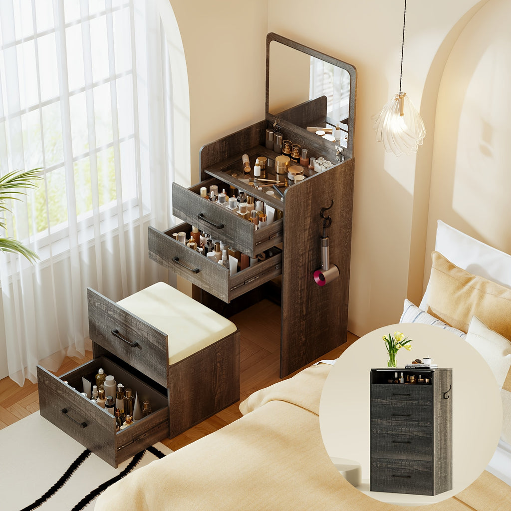 Tocador con espejo abatible, pequeño conjunto de tocador con escritorio de vidrio visible, tocador compacto con 3 cajones, herramienta acolchada.