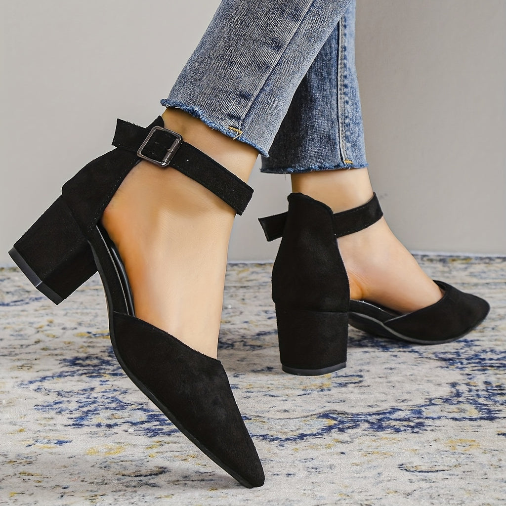 Zapatos de tacón grueso con correa al tobillo y puntera puntiaguda, de color liso y tacón medio, versátiles sandalias con correa ajustable al tobillo para caminar cómodamente y lucir un look elegante.
