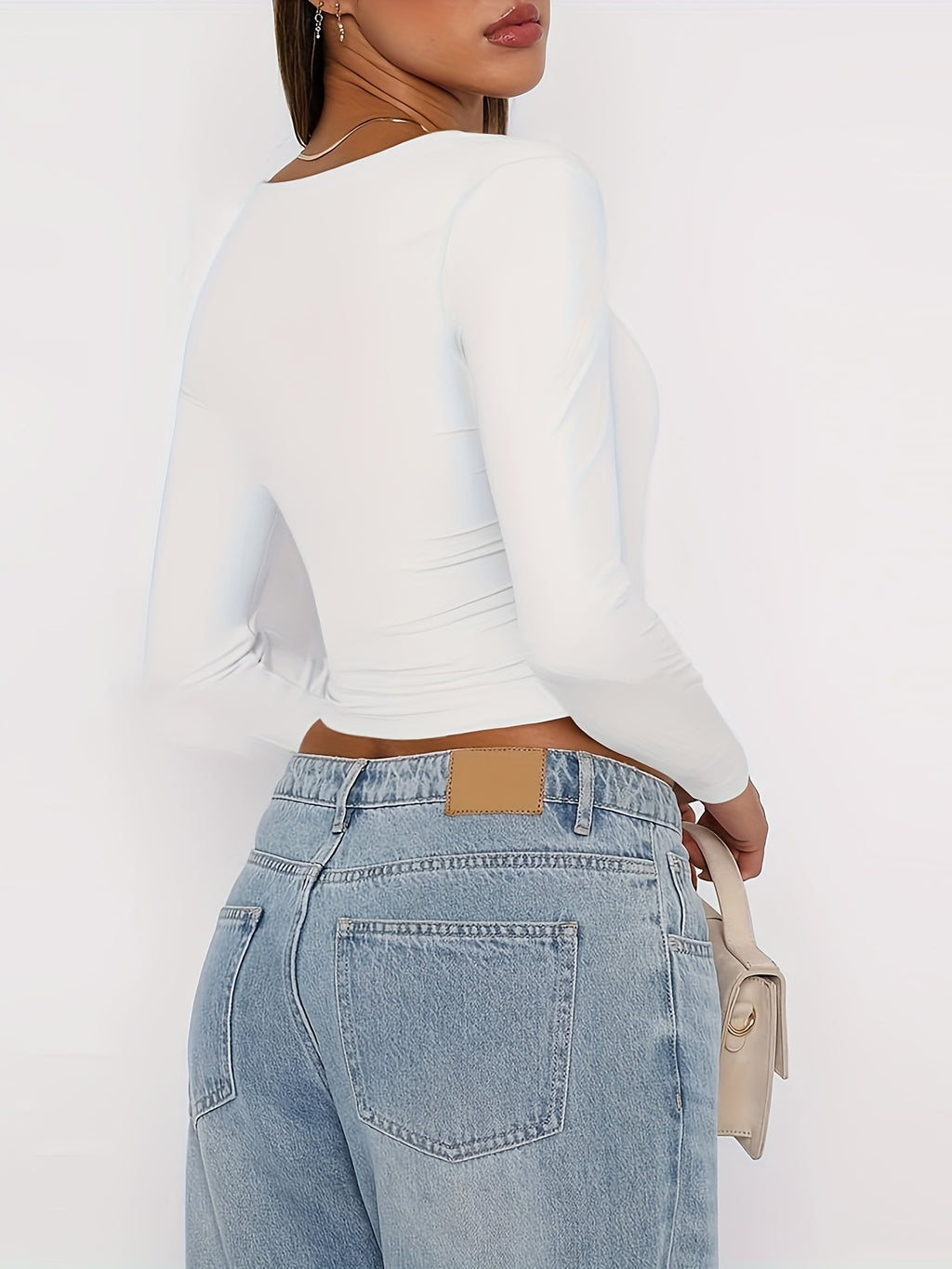 Blusas elegantes para mujer, ajustadas, cortas, de manga larga, cuello cuadrado, color liso, tipo vestido.