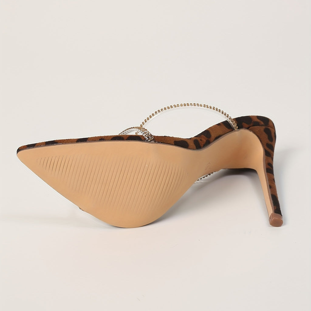 Zapatos de tacón de aguja con estampado de leopardo para mujer, zapatos sin cordones con punta afilada, zapatos de tacón de verano de moda para mujer.
