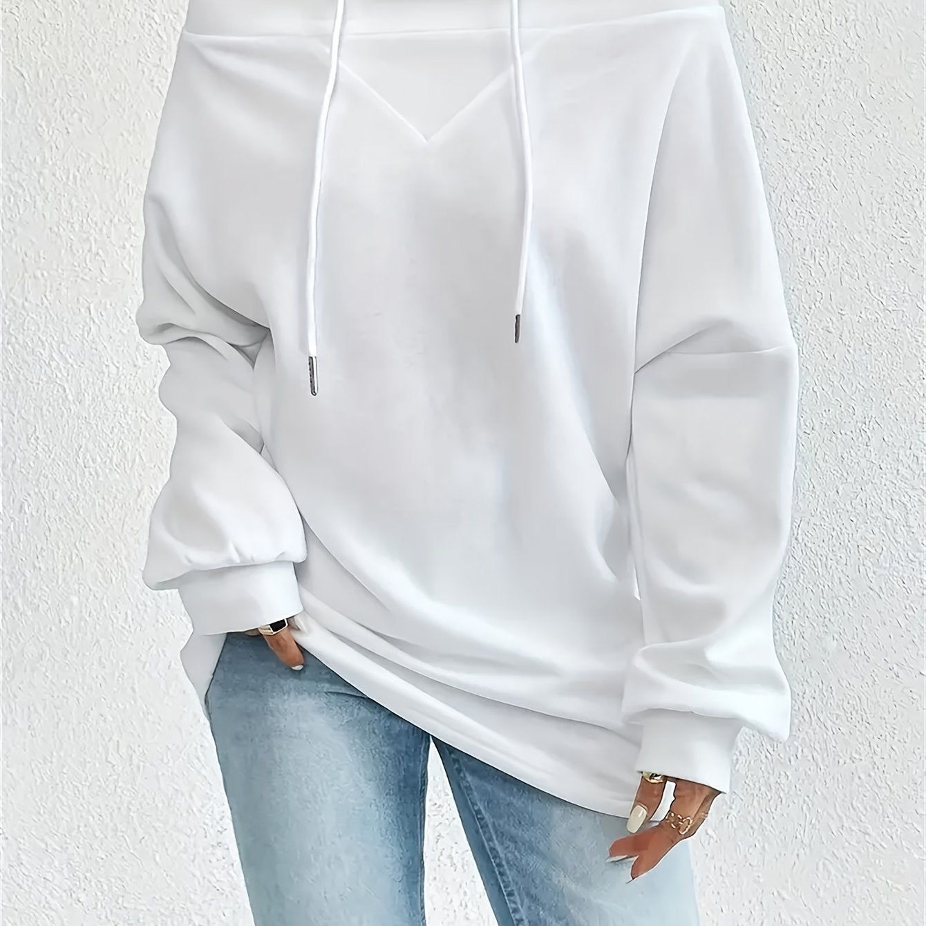 Sudadera blanca lisa con hombros descubiertos y cordón ajustable para mujer - 2025 Nuevas sudaderas de moda para mujer - Sudadera con capucha, cordón ajustable, manga larga, cuello barco, oversize y estilo deportivo informal