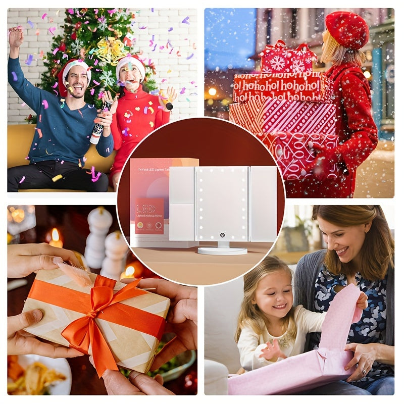 Espejo de tocador plegable con luces, espejo de maquillaje iluminado con aumento de 2X/3X, 21 LED con atenuación táctil, espejo de tocador iluminado con doble alimentación y rotación de 180°, espejo de maquillaje con iluminación.