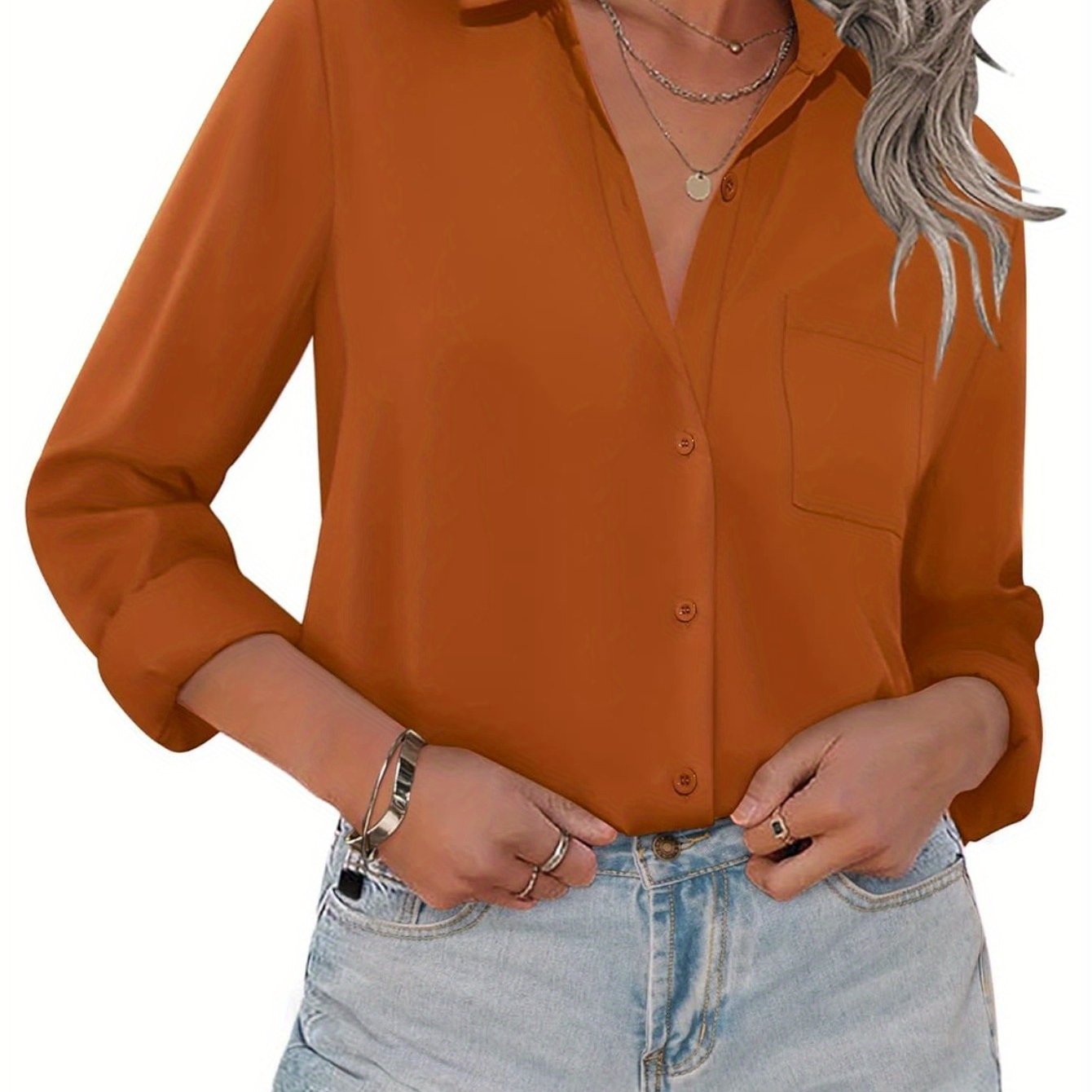 Camisas de mujer con botones y bolsillos Blusas de oficina de manga larga Blusas informales de vestir Camisas ajustadas de gasa S-XXL