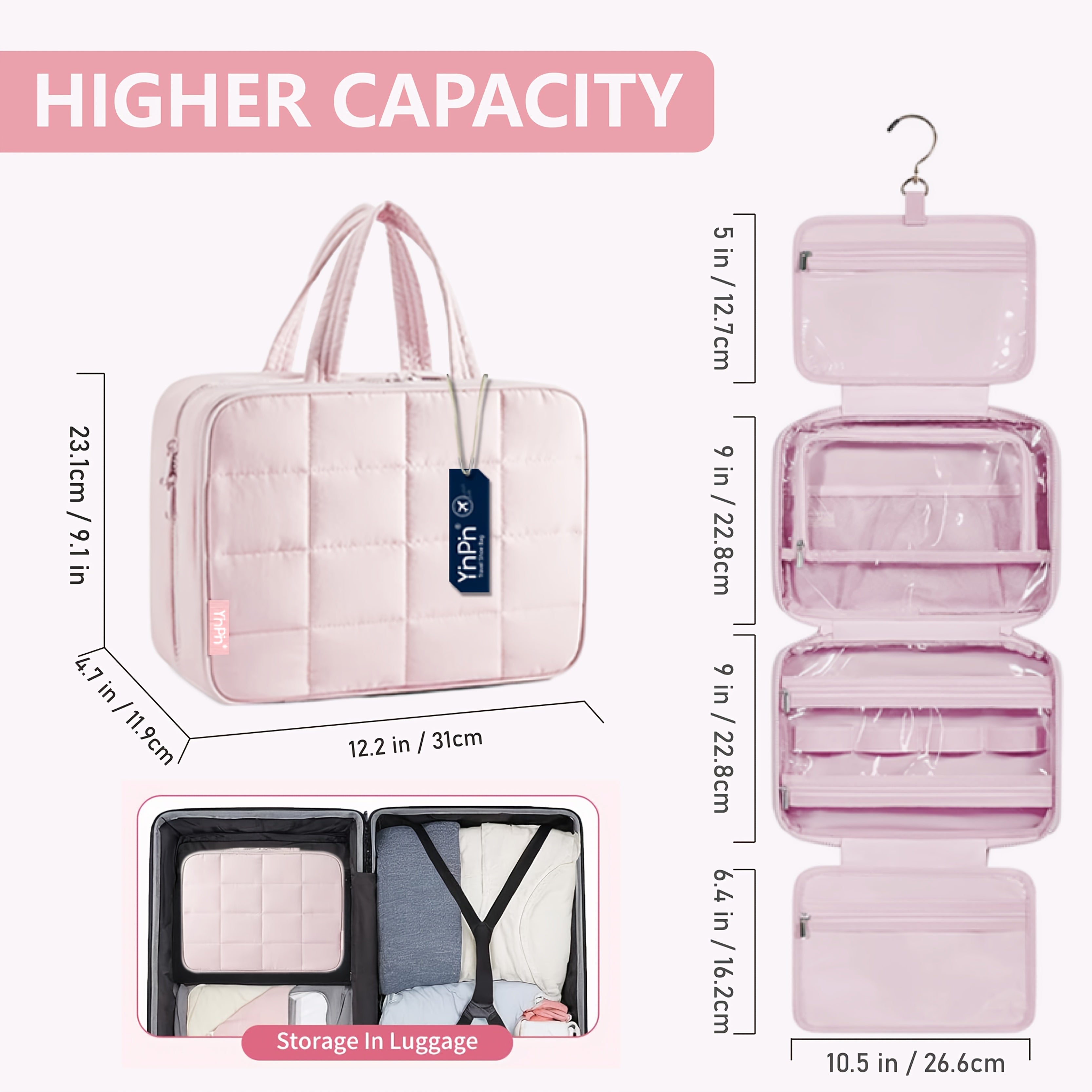 Bolsa grande colgante para artículos de aseo y maquillaje con espacio para joyas: neceser mullido con múltiples compartimentos, gancho para colgar y correa.