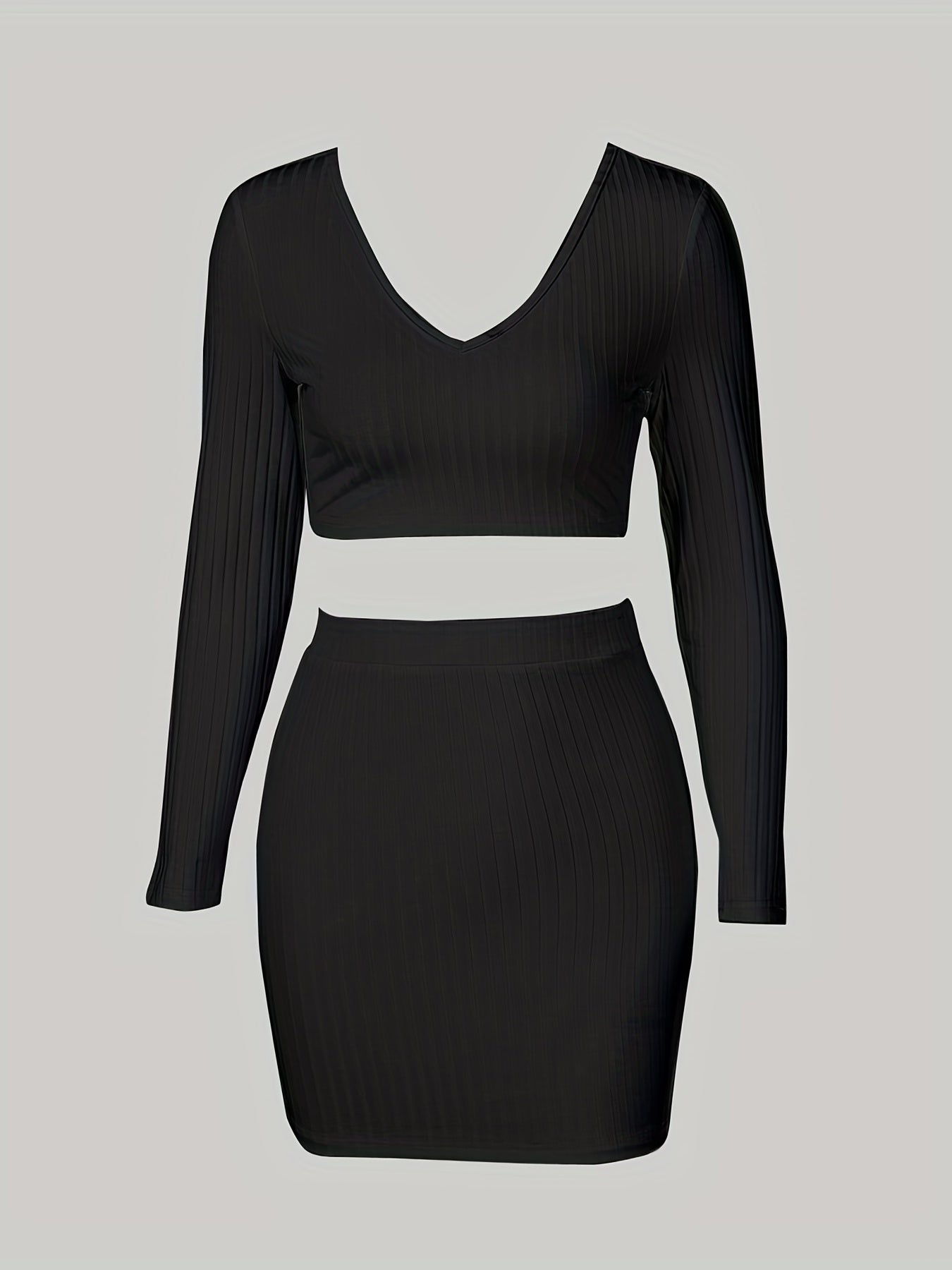 Conjunto de dos piezas, tops cortos de manga larga con cuello en V y faldas largas, ropa sexy para mujer en colores lisos.