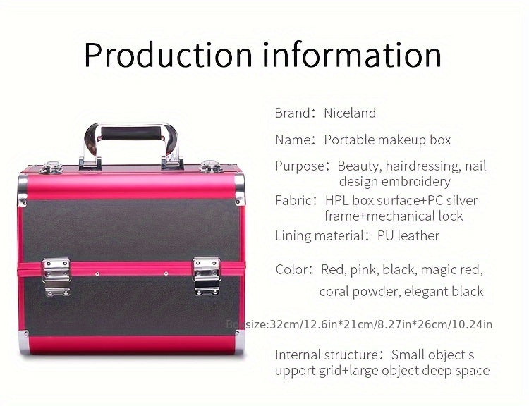 Organizador de maquillaje, estuche grande con bandeja, estuche de maquillaje con soporte para brochas, cierre, almacenamiento portátil para cosméticos de viaje, estuche metálico para maquillaje.