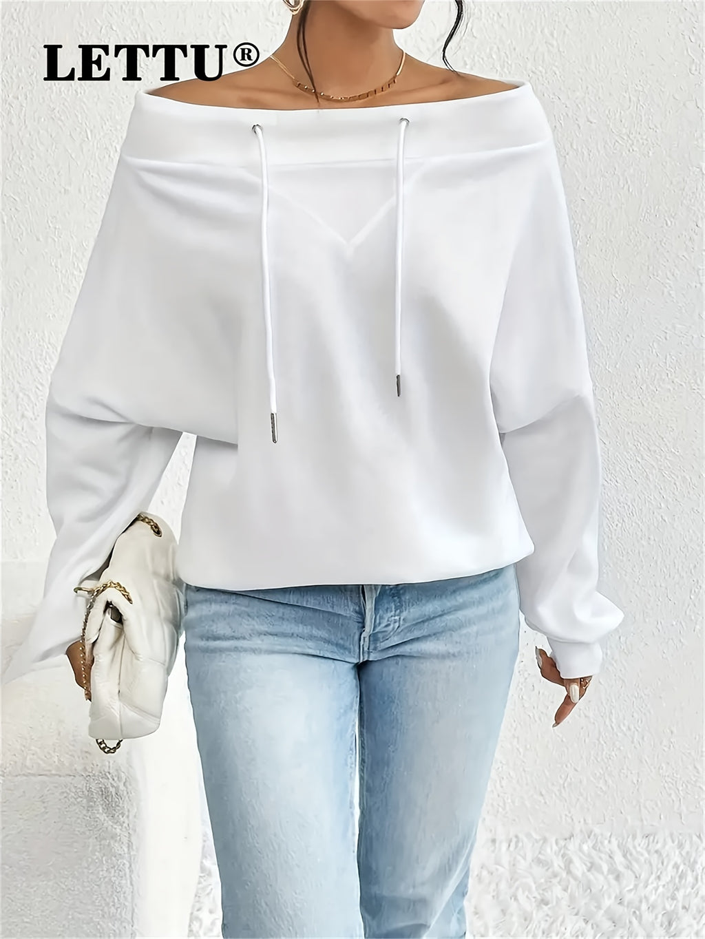 Sudadera blanca lisa con hombros descubiertos y cordón ajustable para mujer - 2025 Nuevas sudaderas de moda para mujer - Sudadera con capucha, cordón ajustable, manga larga, cuello barco, oversize y estilo deportivo informal