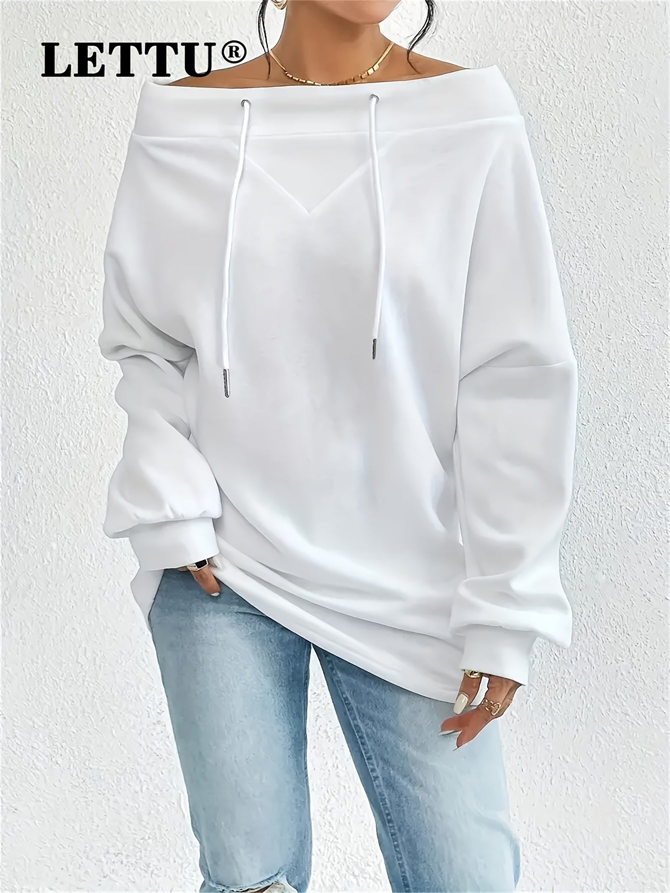 Sudadera blanca lisa con hombros descubiertos y cordón ajustable para mujer - 2025 Nuevas sudaderas de moda para mujer - Sudadera con capucha, cordón ajustable, manga larga, cuello barco, oversize y estilo deportivo informal