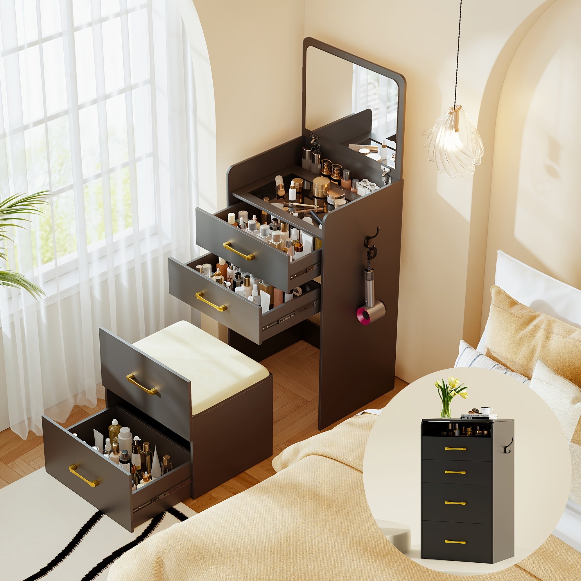 Tocador con espejo abatible, pequeño conjunto de tocador con escritorio de vidrio visible, tocador compacto con 3 cajones, herramienta acolchada.