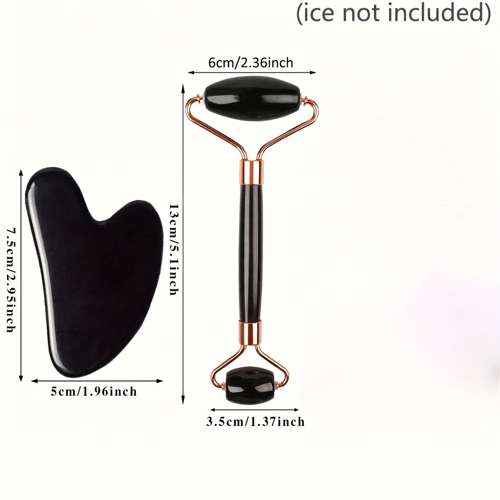 Juego de 3 piezas de herramientas de masaje facial | Incluye masajeador de rodillos, paleta, tabla de raspado corporal y para la espalda. Nueva bolsa de hielo facial de silicona con rejilla para rodillos de color beige claro.