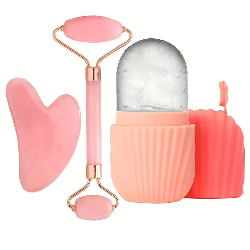 Juego de 3 piezas de herramientas de masaje facial | Incluye masajeador de rodillos, paleta, tabla de raspado corporal y para la espalda. Nueva bolsa de hielo facial de silicona con rejilla para rodillos de color beige claro.