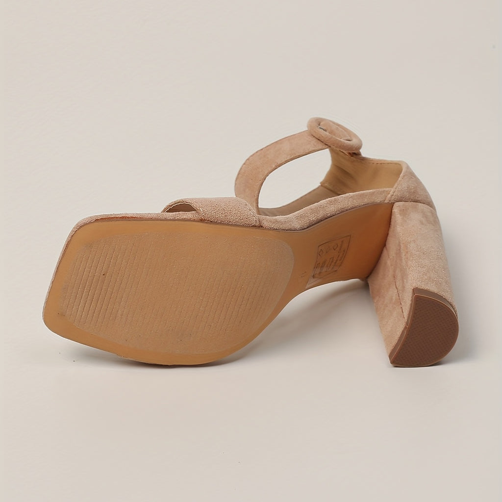 Sandalias de tacón ancho para mujer, tacones cómodos con punta abierta y correa con hebilla, zapatos de tacón de color liso para mujer.