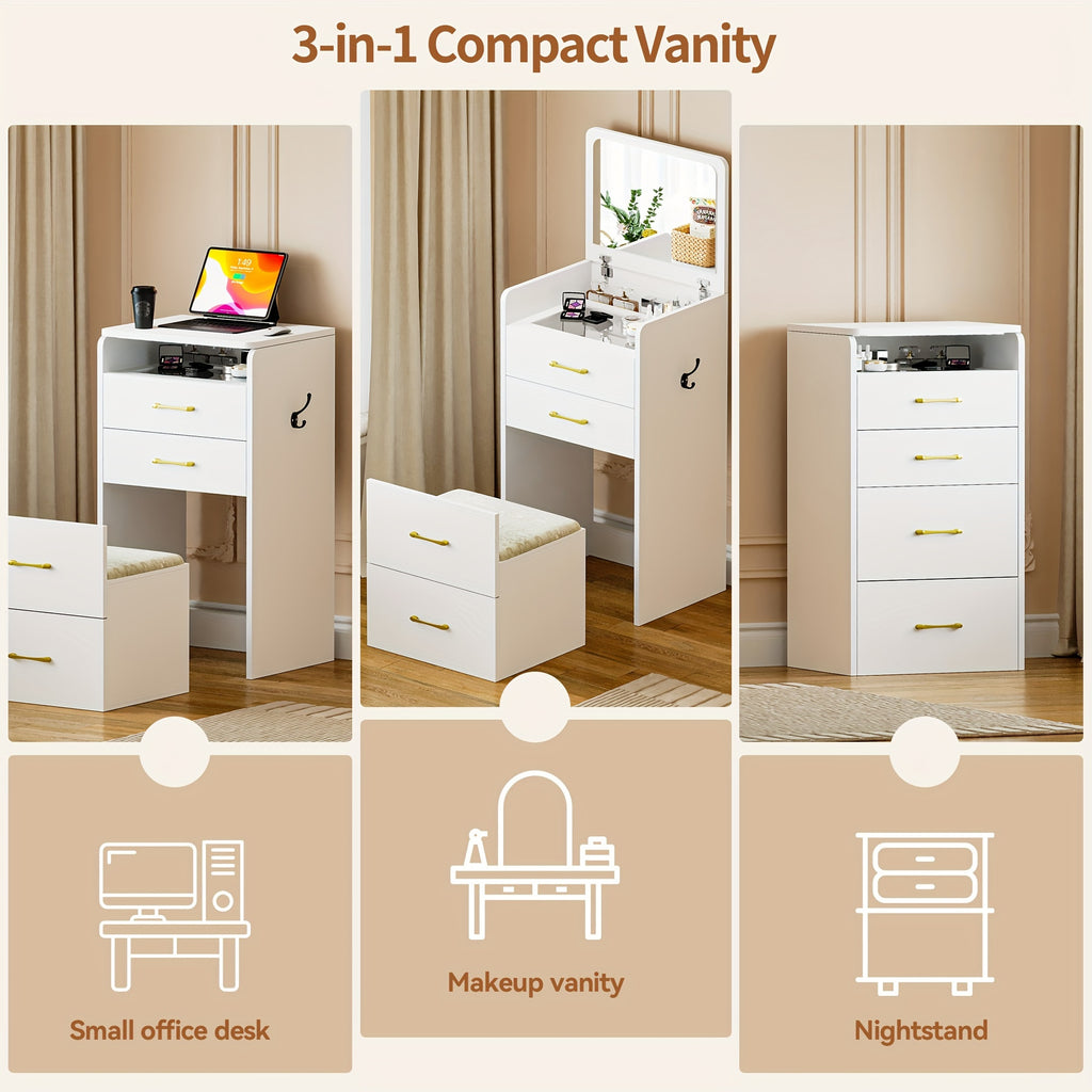 Tocador con espejo abatible, pequeño conjunto de tocador con escritorio de vidrio visible, tocador compacto con 3 cajones, herramienta acolchada.