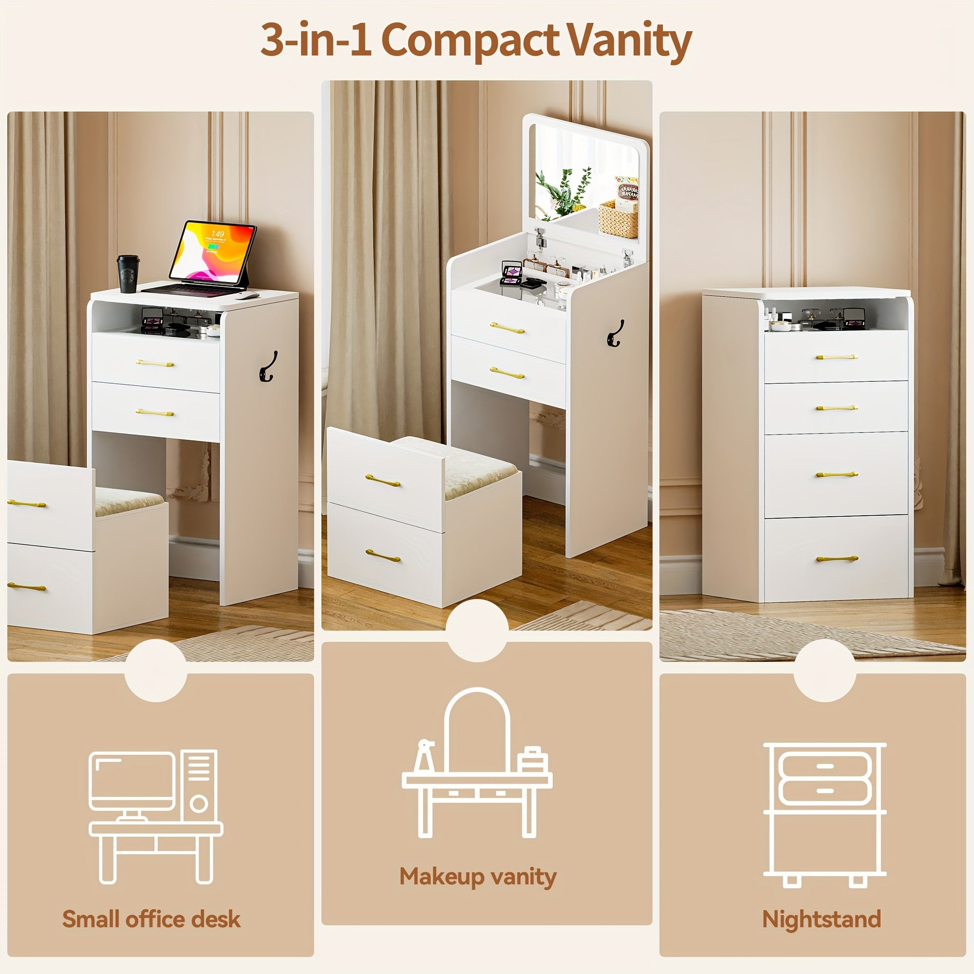 Tocador con espejo abatible, pequeño conjunto de tocador con escritorio de vidrio visible, tocador compacto con 3 cajones, herramienta acolchada.
