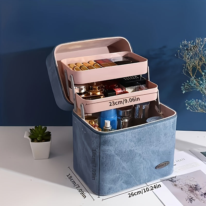 Neceser de maquillaje de gran capacidad de inspiración vintage: estuche cosmético multicapa para mujer, organizador de viaje portátil con espacio para joyas, plástico resistente, caja de maquillaje, TU-SN-HZB633-BE-1P.