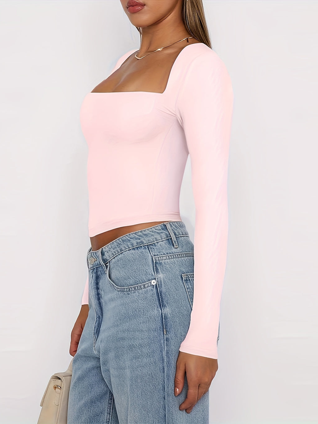 Blusas elegantes para mujer, ajustadas, cortas, de manga larga, cuello cuadrado, color liso, tipo vestido.