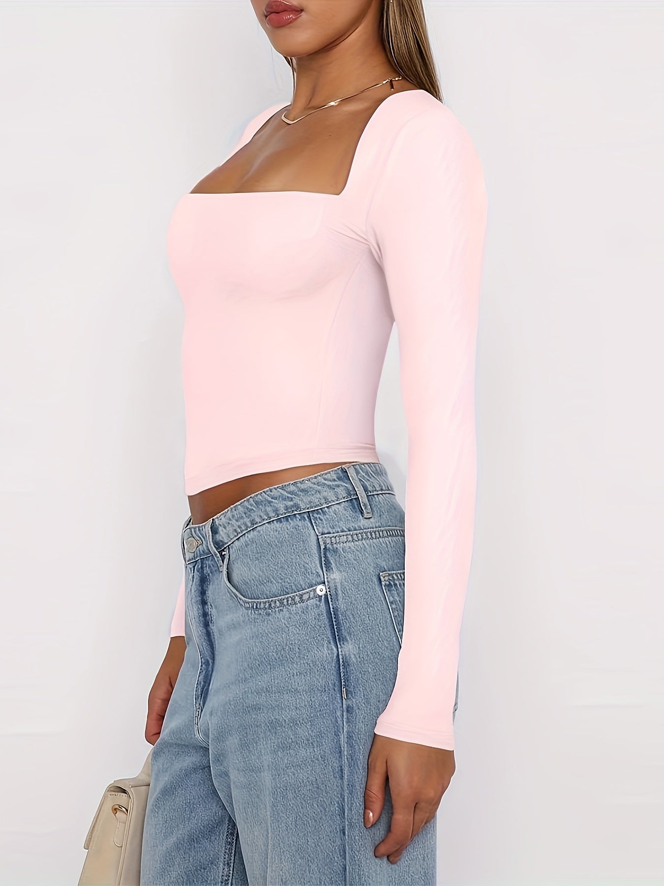 Blusas elegantes para mujer, ajustadas, cortas, de manga larga, cuello cuadrado, color liso, tipo vestido.