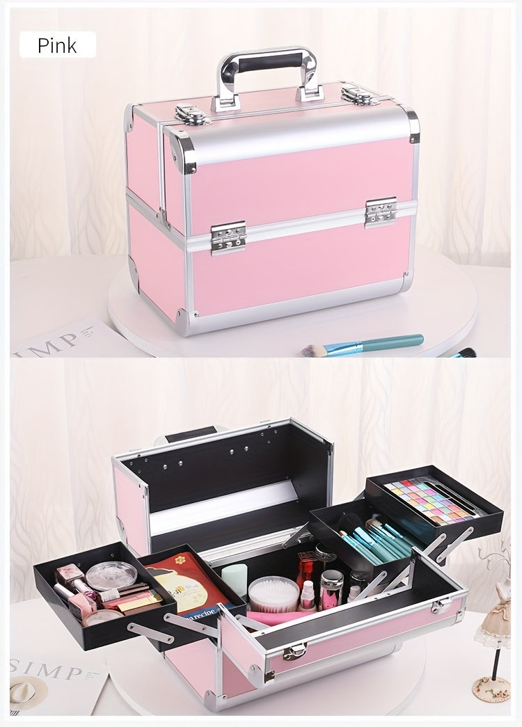 Organizador de maquillaje, estuche grande con bandeja, estuche de maquillaje con soporte para brochas, cierre, almacenamiento portátil para cosméticos de viaje, estuche metálico para maquillaje.