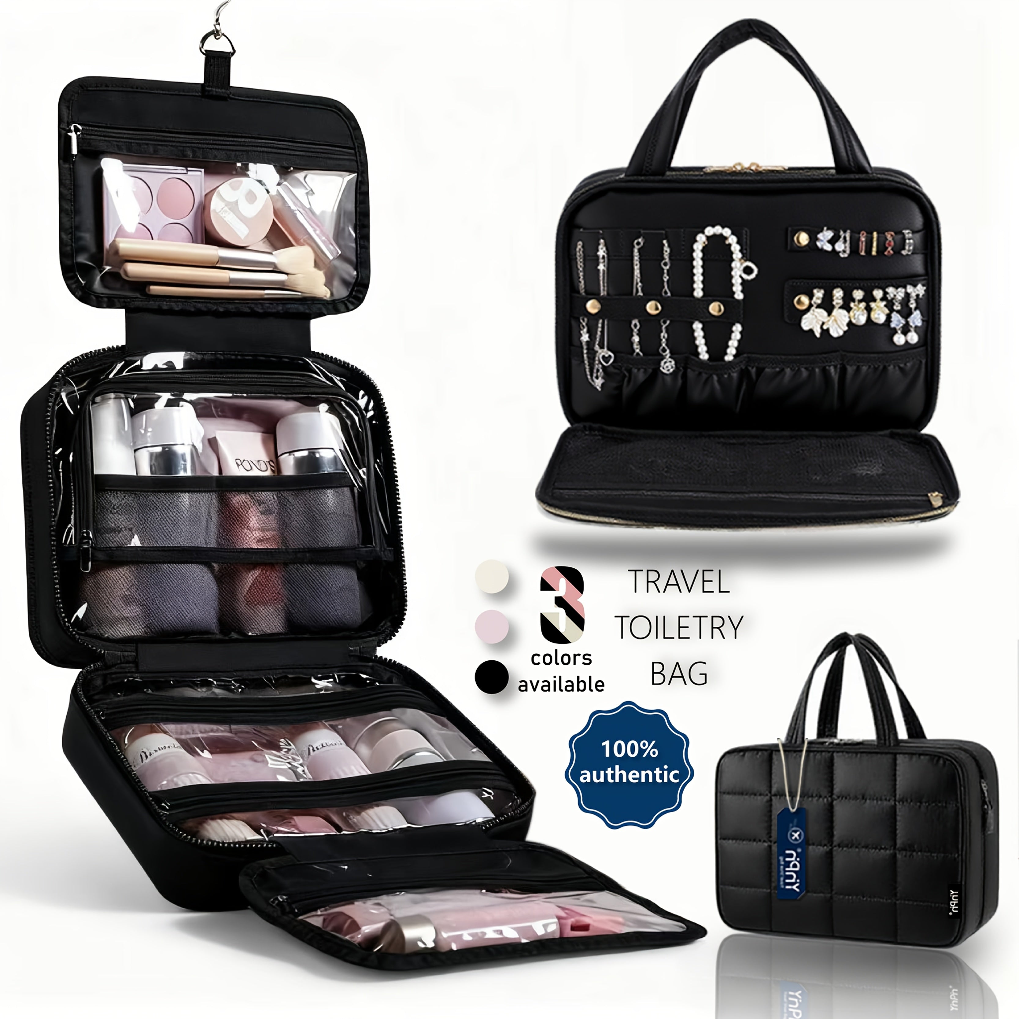 Bolsa grande colgante para artículos de aseo y maquillaje con espacio para joyas: neceser mullido con múltiples compartimentos, gancho para colgar y correa.