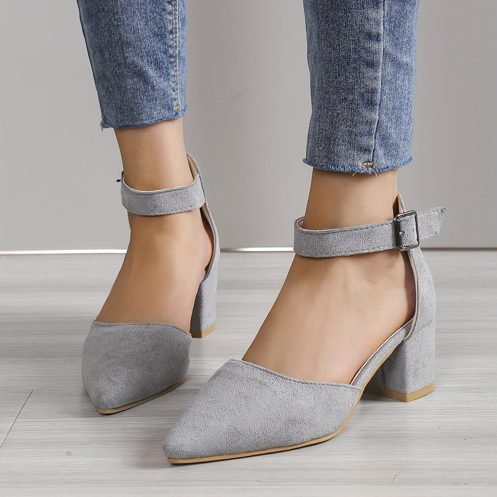 Zapatos de tacón grueso con correa al tobillo y puntera puntiaguda, de color liso y tacón medio, versátiles sandalias con correa ajustable al tobillo para caminar cómodamente y lucir un look elegante.