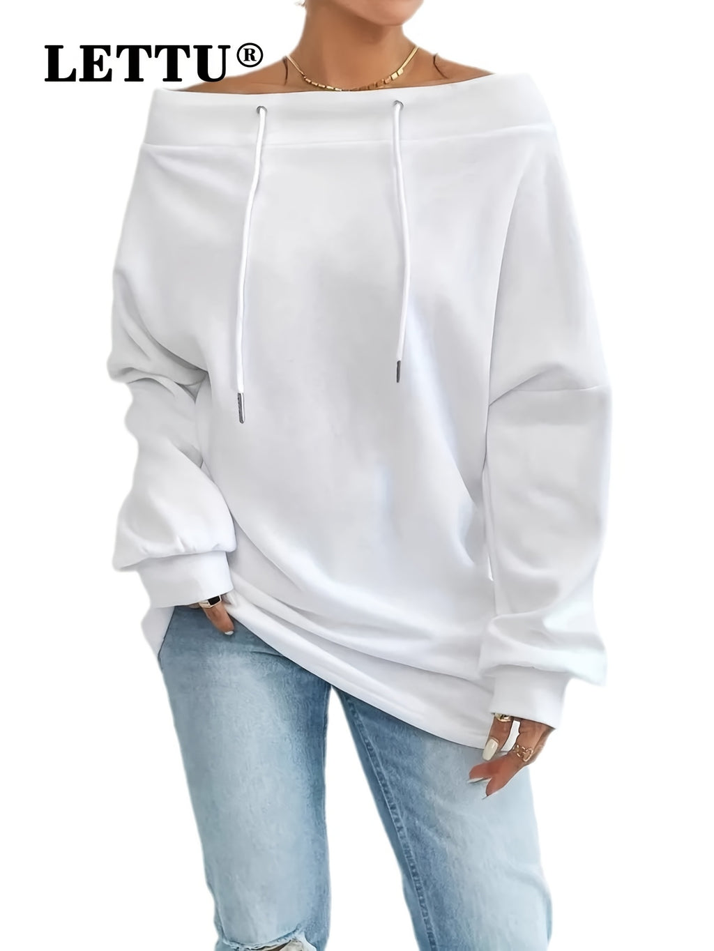 Sudadera blanca lisa con hombros descubiertos y cordón ajustable para mujer - 2025 Nuevas sudaderas de moda para mujer - Sudadera con capucha, cordón ajustable, manga larga, cuello barco, oversize y estilo deportivo informal