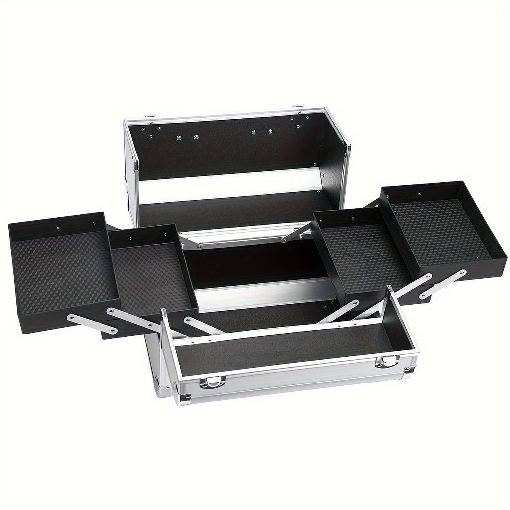 Organizador de maquillaje, estuche grande con bandeja, estuche de maquillaje con soporte para brochas, cierre, almacenamiento portátil para cosméticos de viaje, estuche metálico para maquillaje.