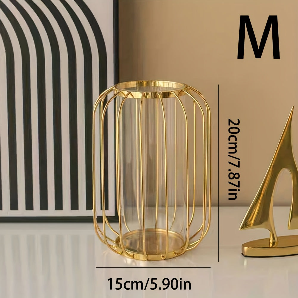 Jarrón de vidrio y metal creativo y elegante para mesa de comedor. Jarrón decorativo de hierro artístico para salón. Adornos para arreglos florales secos.