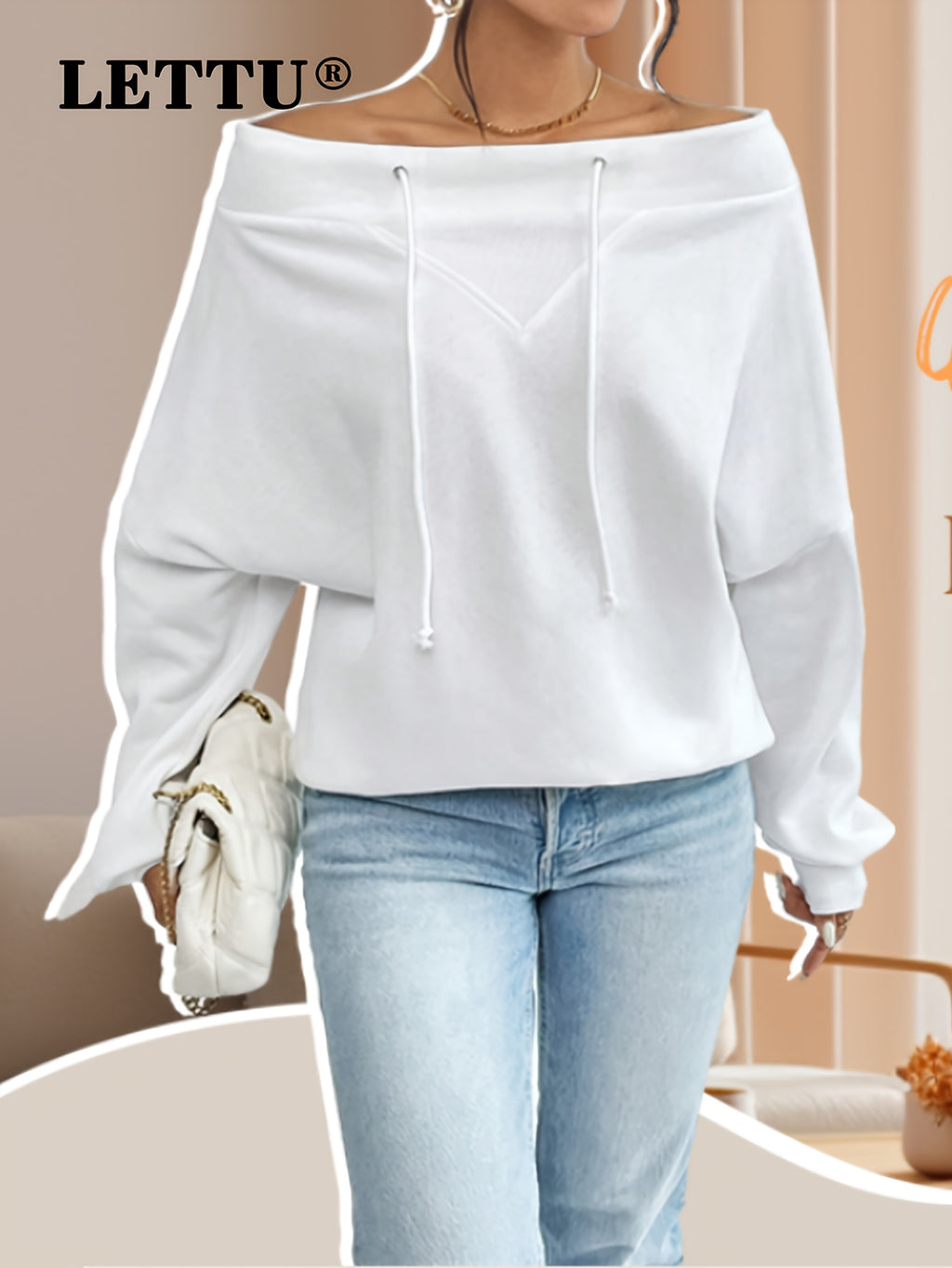 Sudadera blanca lisa con hombros descubiertos y cordón ajustable para mujer - 2025 Nuevas sudaderas de moda para mujer - Sudadera con capucha, cordón ajustable, manga larga, cuello barco, oversize y estilo deportivo informal