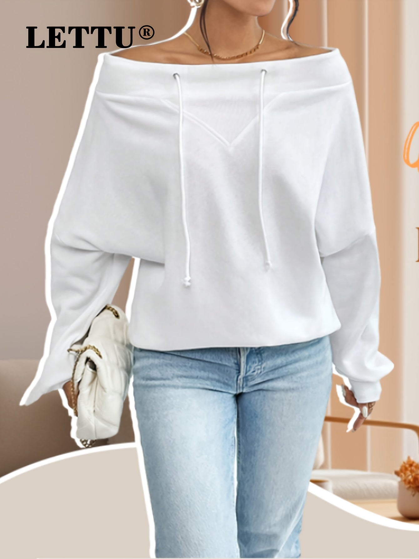 Sudadera blanca lisa con hombros descubiertos y cordón ajustable para mujer - 2025 Nuevas sudaderas de moda para mujer - Sudadera con capucha, cordón ajustable, manga larga, cuello barco, oversize y estilo deportivo informal