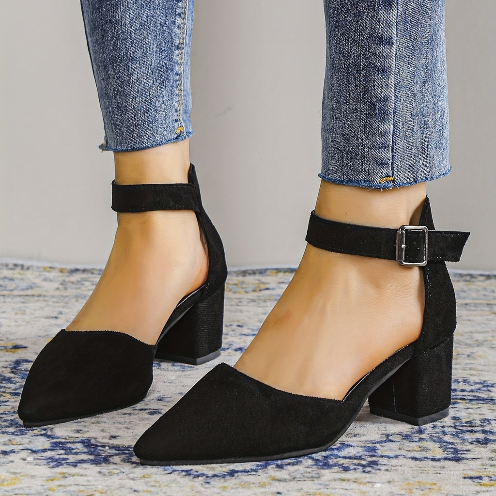 Zapatos de tacón grueso con correa al tobillo y puntera puntiaguda, de color liso y tacón medio, versátiles sandalias con correa ajustable al tobillo para caminar cómodamente y lucir un look elegante.