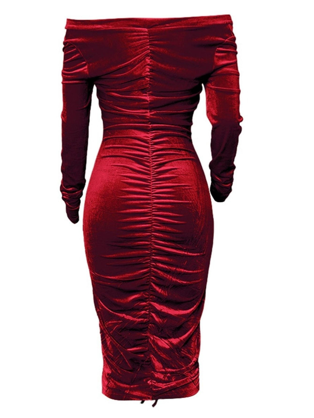 Vestidos de mujer con cuello en V, hombros descubiertos, terciopelo fruncido y largo medio.