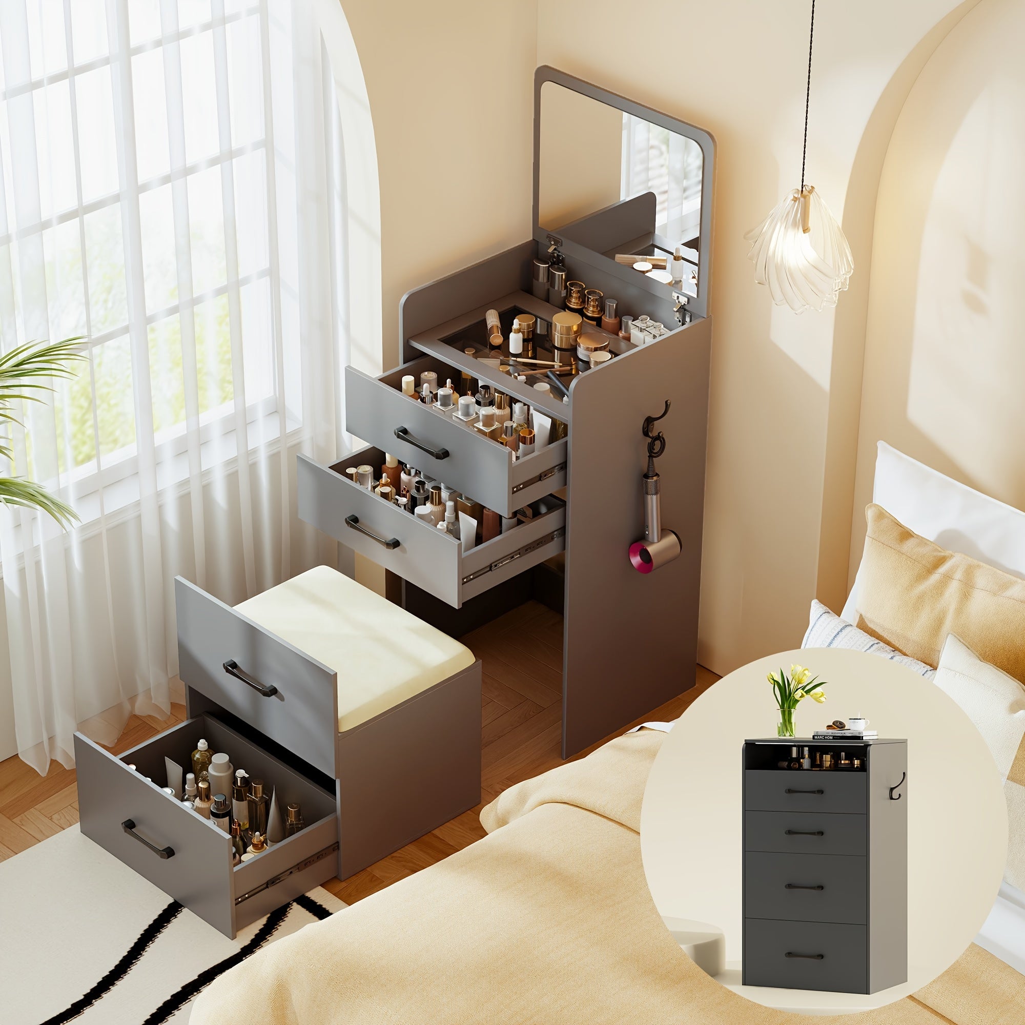 Tocador con espejo abatible, pequeño conjunto de tocador con escritorio de vidrio visible, tocador compacto con 3 cajones, herramienta acolchada.