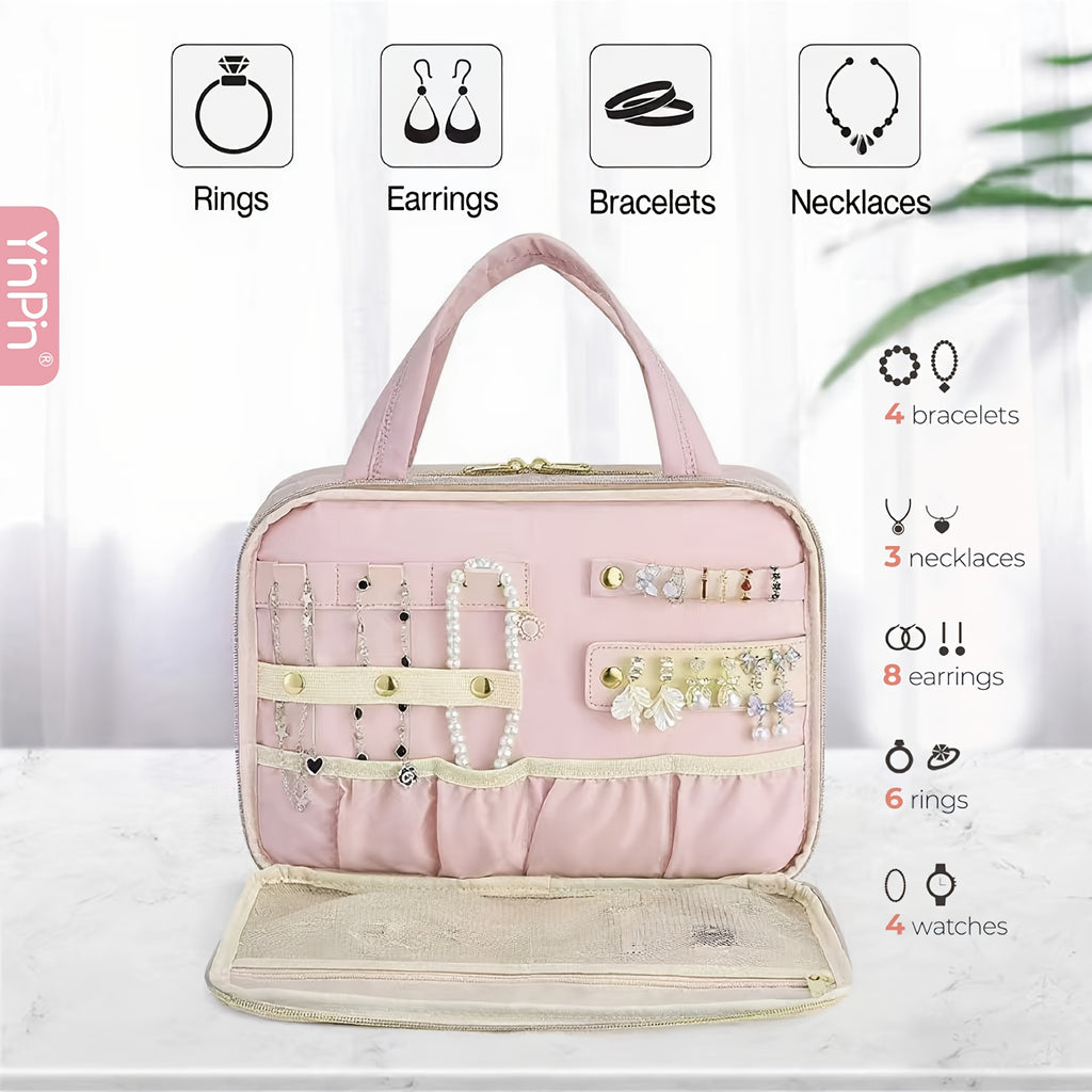 Bolsa grande colgante para artículos de aseo y maquillaje con espacio para joyas: neceser mullido con múltiples compartimentos, gancho para colgar y correa.