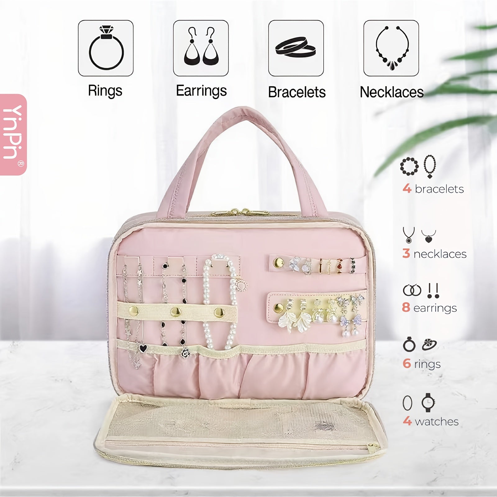 Bolsa grande colgante para artículos de aseo y maquillaje con espacio para joyas: neceser mullido con múltiples compartimentos, gancho para colgar y correa.